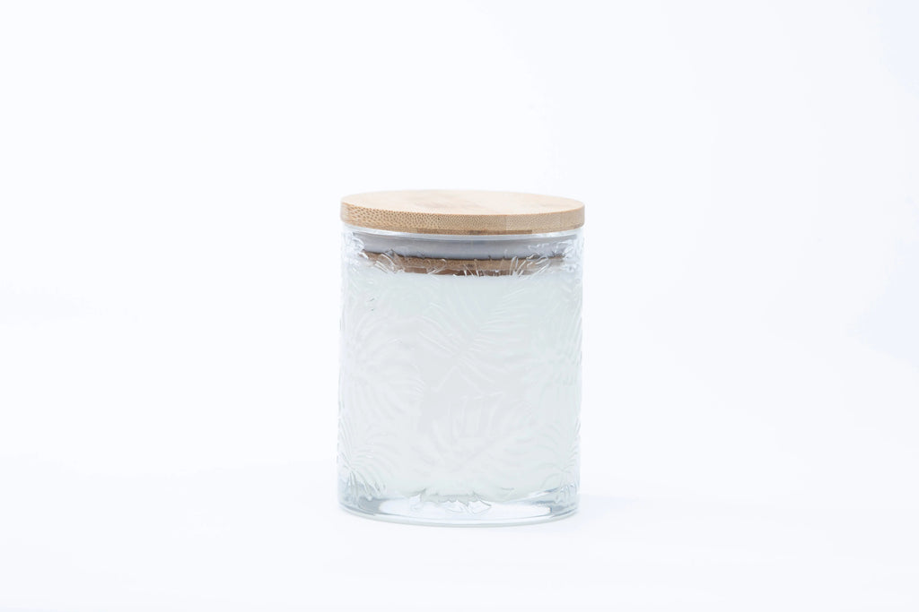textured leaf glass • clear tumbler • coconut + sandalwood + cedar