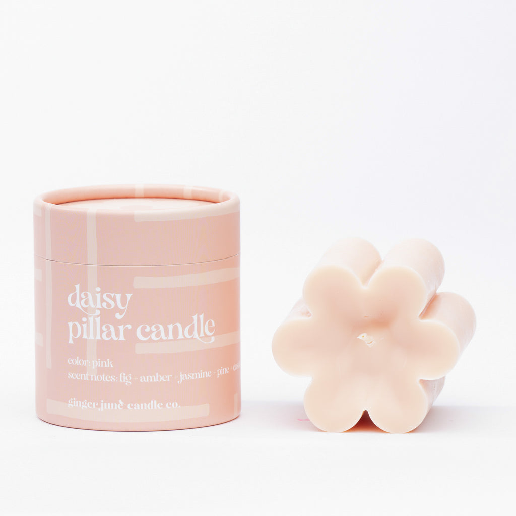 pink daisy pillar candle  • soy candle