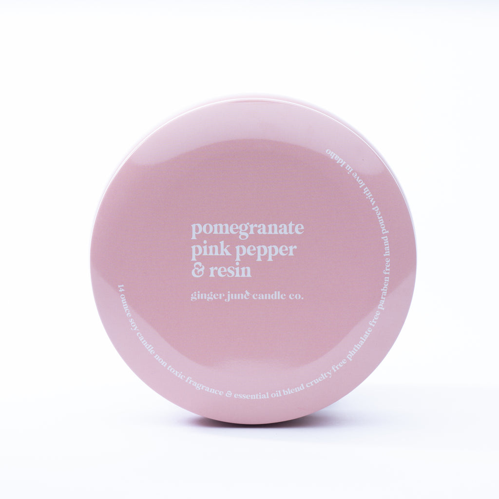 pink tin: pomegranate + pink pepper + resin 14 oz candle