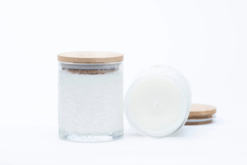 textured leaf glass • clear tumbler • coconut + sandalwood + cedar